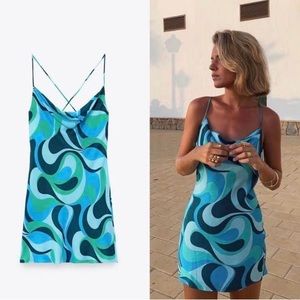 Zara blue swirl satin slip dress!